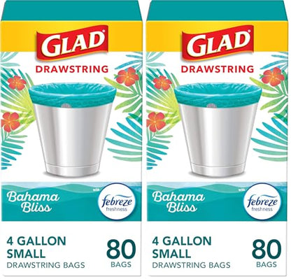 Glad Small Trash Bags 4 Gallon, Febreze Bahama Bliss Garbage Bags, Odor Resistant with Drawstring, 80 Count (Pack of 2) - size: 80 Count (Pack of 2)