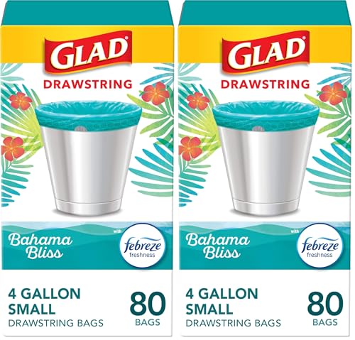 Glad Small Trash Bags 4 Gallon, Febreze Bahama Bliss Garbage Bags, Odor Resistant with Drawstring, 80 Count (Pack of 2) - size: 80 Count (Pack of 2)