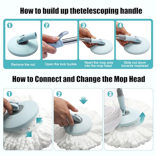 Spin Mop and Bucket with Wringer Set, 360° Spinning Mop Bucket System with 3 Microfiber Mop Replacement Heads, Adjustable Handle for Floor Cleaning (Light Blue) - color: Light Blue