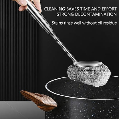 Stainless Steel Scourer Scrub Set with Long Handle Brush+Steel Ball+Screwdriver Metal Scouring Pad Removes Grease, Oil and Dirt Stains from Pots, Dishes and Bakeware (A) - color: A
