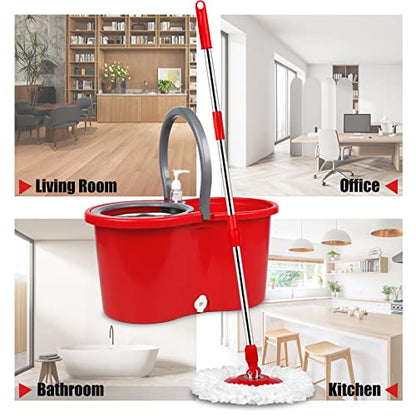 Spin Mop and Bucket, Microfiber Spin Mop & Bucket Floor Cleaning System, Spin Mop Kit with 3 Mop Heads, Mop with Stainless Steel Wringer, 61 inches Telescoping Mop Rod (Red) - color: Red