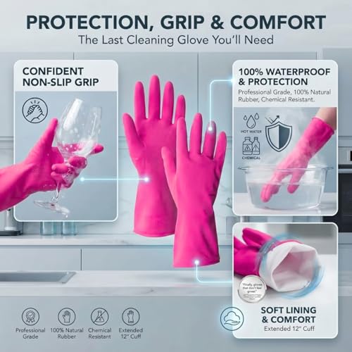 ForPro Natural Rubber Gloves, 6 Pairs Reusable Multi-Purpose Household Cleaning Gloves with Soft Inner Lining, Waterproof & Chemical-Resistant, Cotton Candy, Small - color: Cotton Candy, size: Small