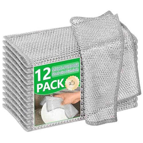 12Pcs Non Scratch Wire Dish Cloth, Multipurpose Wire Dishwashing Rags: Double Layer Mesh Cleaning Cloths, Steel Mesh Dishcloths, Scrub Cloths for Kitchen/Bath
