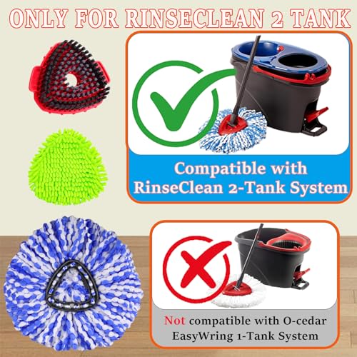 Spin Mop Replacement Head for O Cedar RinseClean 2 Tank System, 2 Microfiber Mop Head Refills, 1 Chenille Mop Pads,1 Upgrade Scrub Brush, 1 Spin Mop Base for Cedar RinseClean Mop