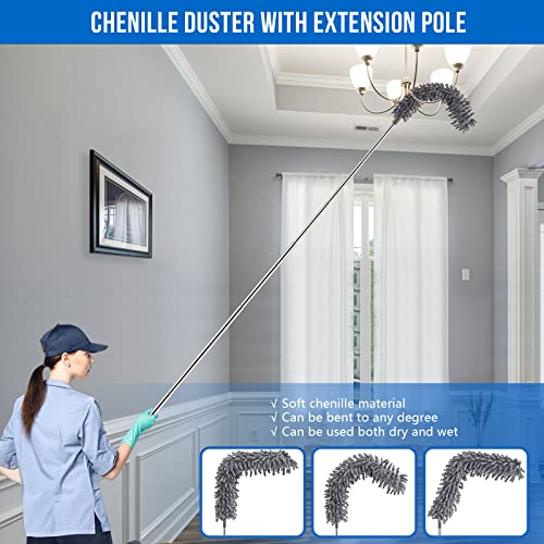 UIMO Microfiber Feather Duster Kit with Extension Pole (30–100") – Bendable Washable Heads, Extendable Dusters for Cleaning Ceiling Fan, High Ceiling, Blinds, Furniture & Cars (5 Pcs) - color: Gray