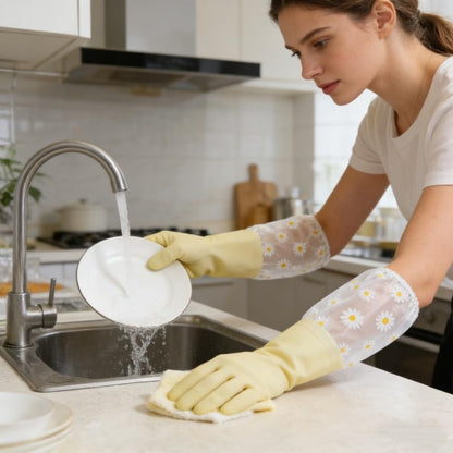 Dishwashing Cleaning Gloves, Reusable Rubber Glove with Long Elastic Cuffs for Chores - color: Green
