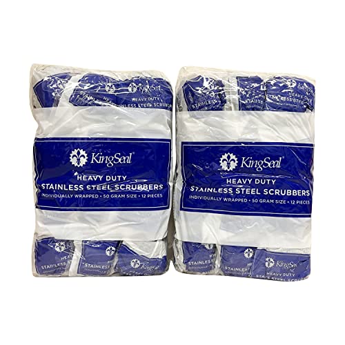 24 Count | KingSeal Stainless Steel Scrubbers, Scrub Pads, Heavy Duty, 50 gram Weight, Individually Wrapped - 2 Packs of 12 Scrubbers - size: 2 Pack of 12 each per Pack