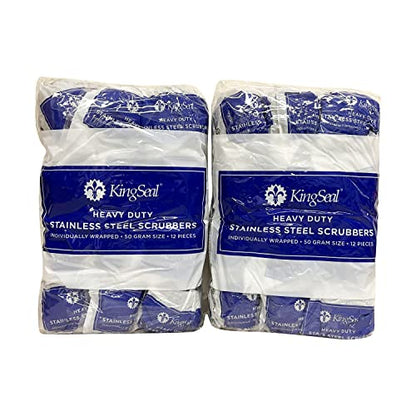24 Count | KingSeal Stainless Steel Scrubbers, Scrub Pads, Heavy Duty, 50 gram Weight, Individually Wrapped - 2 Packs of 12 Scrubbers - size: 2 Pack of 12 each per Pack