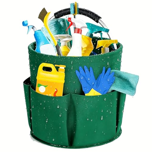 17L Waterproof Cleaning Supply Caddy with 6 Pockets,Foldable Storage Basket in 600D Oxford Fabric,Garden Tool Organizer Bag, Multifunctional for Bathroom, Garden,Camping& Fishing(Dark Green) - color: Green