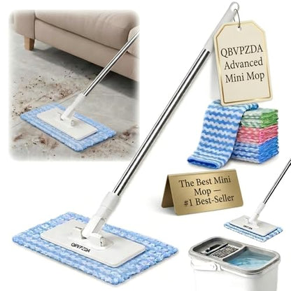 Convenient Cloth Changing Mini Mop Flat Push Design, Lazy Portable Self-Squeeze Mop Set, Wall-Mountable Durable Handle & Non-Slip Grip, Reusable Pads for Home Use with 5 Cloths Included