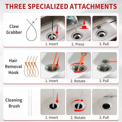 Drain Snake 25 Ft with Drill Attachment, Auto Feed 1/4 Inch Plumbing Snake for Sink, Shower & Tub Clogs, Manual or Drill-Powered Drain Auger, with Gloves, Safety Glasses & Storage Bag - color: 25FT