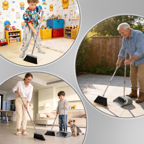 YZO Broom with Dustpan Combo Set, 54.33 Inch Long Handle Standing Design, Dustpan Front Rubber Tight Seal, Broom with 5 Layer Bristles, Suitable for Bedroom, Yard, Office and Apartment(Gray&Black) - color: Gray&black