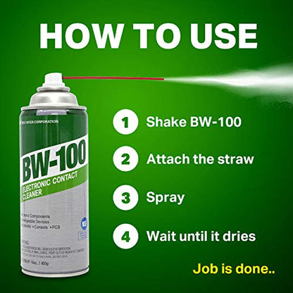 BW-100 Non-Flammable Electronic Contact Cleaner Aerosol Spray- Safely Cleans Joycons, Computers, PCB, and More - Removes dust, dirt and contaminants on contacts - Quick Dry| 16oz/450g - size: 1 Pound (Pack of 1)