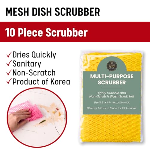 Unha's mesh Dish Scrubber Cloths, 10 Pack, Produt of Korea | Quick-dry polyester net scrubbers for dishes, pots, pans, sinks, stovetops and everyday kitchen cleaning