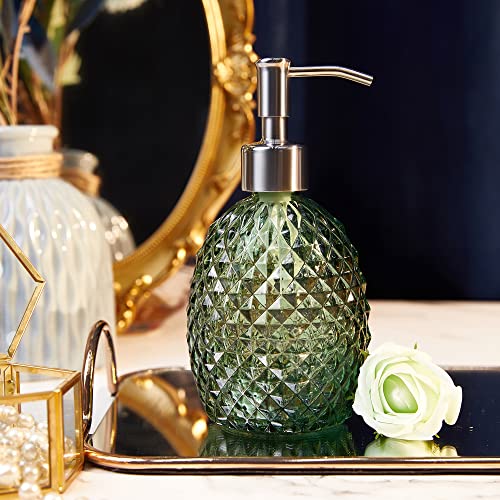 Glass Soap Dispenser with Stainless Steel Pump, 12oz Clear Dish Soap/Hand Soap/Laundry Soap/Lotion Dispenser, Refillable Liquid Dispenser for Bathroom Kitchen Shower (Green) - color: Green