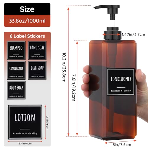 Segbeauty 33.8oz Amber Soap Dispenser Empty, 2pcs Large Plastic Pump Bottle Dispenser with Labels, Square Pump Bottles for Shampoo and Conditioner, 1000ml Bathroom Body Wash Container Refillable - color: Amber, style: 2pcs