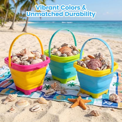 Shindel 3Packs Foldable Pail Bucket, 2L Silicone Collapsible Beach Toys Bucket for Kids, Multi Purpose for Fun Summer Activities, Camping Gear, Beach Essentials