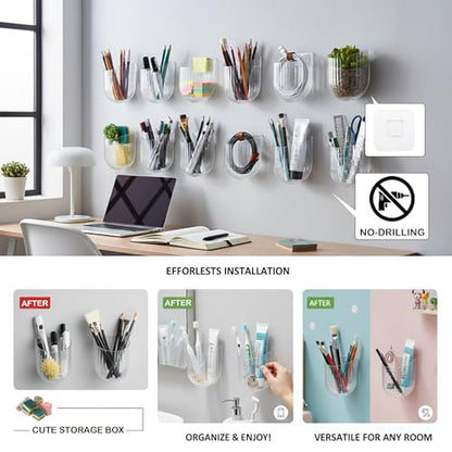 Wall Mounted Storage Holder, Transparent PS Plastic, Clear transparent white, 3.9x3.5x1.9 Inch, Adhesive Organizer for Cosmetics, Phone, Remote (White) - color: White