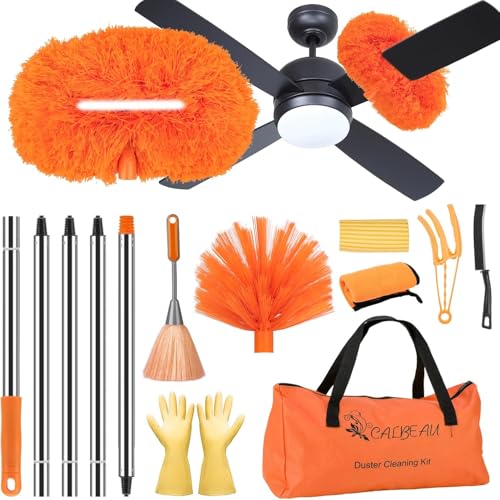 CALBEAU Ceiling Fan Cleaner Duster with 60 inch Extension Pole, Dusters for Cleaning High Ceiling Fan Blades, Dusters Kit with Storage Bag, Cleaning Tools for Families (14pcs) - color: Orange