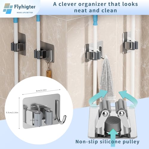 5 Pack Heavy Duty Mop and Broom Holder Wall Mount, No Drill Self Adhesive Stainless Steel Hanger with Hooks, Anti-Slip Tool Organizer for Bathroom, Kitchen, Garage, Laundry Room (5, Silver) - color: Silver-5
