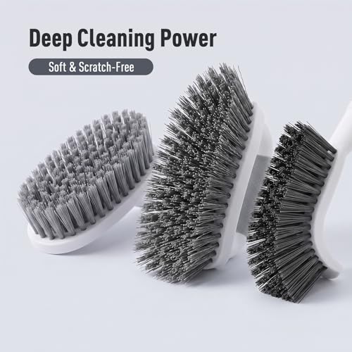 CLEANHOME 3 Pcs Scrub Brush,Multifunctional Cleaning Brush Set with Non-Slip Handle and Sturdy Bristles,Scrub Brushes for Cleaning Bathroom,Kitchen,Grout,Tile,Grey