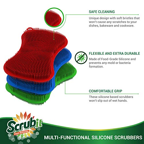 6 Pack Silicone Scrubbing Sponge by SCRUBIT - Real Silicon Non Scratch & Non Smell Kitchen Scrubber Pad for Dishes, Fruit, Vegetable - Reusable Cleaning Sponges - Multi-Colored Pads [Red, Green, Blue]