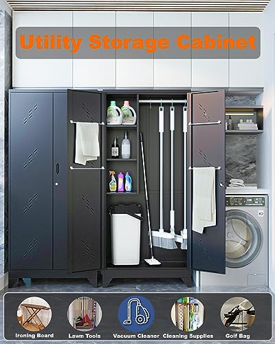 75" Metal Storage Cabinet with Lockable Doors, Functional Garage Storage Cabinets, Heavy-Duty Tool Organization Cabinet with Hanging Rod & S-Hooks (75" Utility Closet) - size: 75" Garage Cabinets
