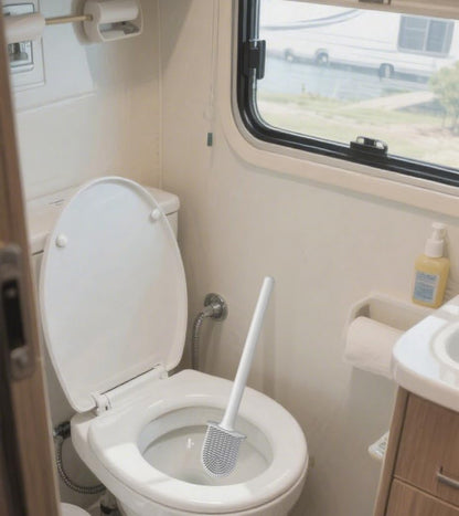 RV Silicone Toilet Brush with Holder, Drill-Free Wall Mounted Toilet Bowl Cleaner, Anti-Drip Anti-Roll Compact Brush for RV Camper & Small Bathroom - color: Orange