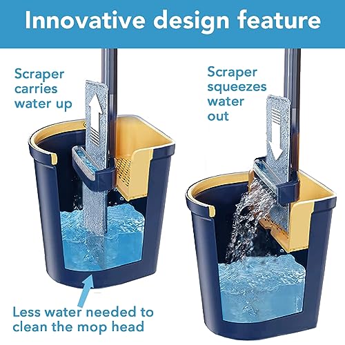 Flat Floor Mop and Bucket Set with Hands-Free and Self-Wringing | Mop for Floor Cleaning, Floor Mop with Reusable Microfiber Mop Pad, for Hardwood, Laminate and Tile Floors, (Navy)