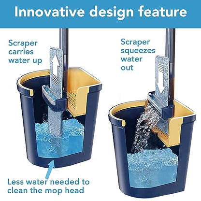 Flat Floor Mop and Bucket Set with Hands-Free and Self-Wringing | Mop for Floor Cleaning, Floor Mop with Reusable Microfiber Mop Pad, for Hardwood, Laminate and Tile Floors, (Navy)