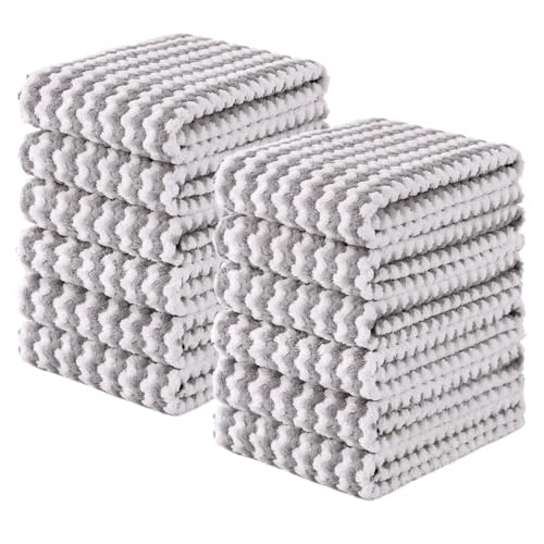 Homaxy Kitchen Towels(12 Pack, 10 x 20 inches), Ultra Soft and Absorbent Dish Towels, Reusable Fast Drying Microfiber Cleaning Cloth, Coral Velvet Wave Design No-lint, Grey - color: Grey, style: 10" x 20" - 12 Pack