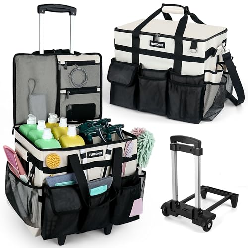 Large Rolling Cleaning Caddy Bag with Wheels, with Detachable Trolley, Cleaning Bags on Wheels for Housekeepers, Cleaning Cart Supplies Organizer for Home, Car, Picnic (Beige) - color: Beige