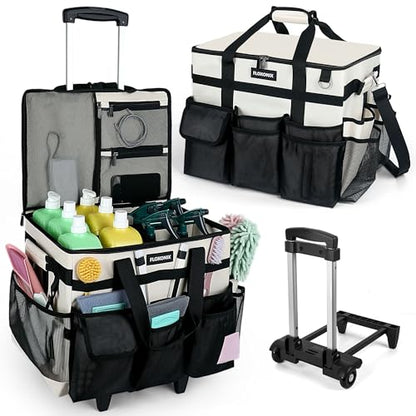 Large Rolling Cleaning Caddy Bag with Wheels, with Detachable Trolley, Cleaning Bags on Wheels for Housekeepers, Cleaning Cart Supplies Organizer for Home, Car, Picnic (Beige) - color: Beige