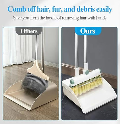 Broom and Dustpan Set 50" Long Handle Foldable Stand Up Broom and Dustpan with Comb Teeth for Indoor & Outdoor Sweeping Home Dog Cat Pets (White) - color: White