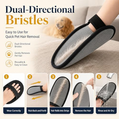 Pet Hair Removal Glove for Dogs & Cats - Upgraded Reusable Electrostatic Magic Brush, Effective Pet Hair Remover for Clothing, Couch, Carpet, Car Seats & Furniture