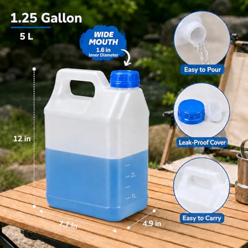 METAPACK 2 Pack 1.25 Gallon Water Jug with Wide Mouth Lid, HDPE Square Plastic Jug for Milk, Beverage, Oil Storage, Food Grade Carboy, 4 Labels Included(Translucent) - size: 1.25Gallon