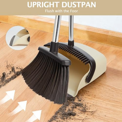 2-Pack Broom and Dustpan Set with Long Handle, Heavy Dust Broom and Dustpan Combo for Home，Kitchen, Office, Pet Hair(Beige) - color: Beige 2-pack