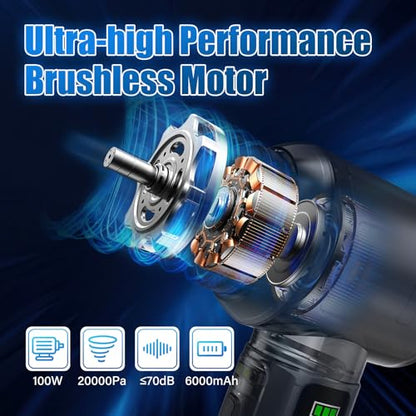 WUDOO 4-in-1 Car Vacuum Cleaner Portable Cordless Dust Remover 20,000 Pa Brushless Motor Powerful Handheld Wireless Charging Vacuum Cleaner LED Light, Multi-Nozzles for Car, Home, Office, Pet