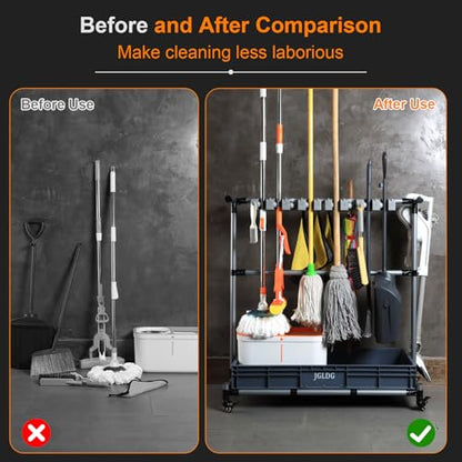 Mop and Broom Holder with Wheels - Keep Your Cleaning Tools Organized! (L) - size: Large