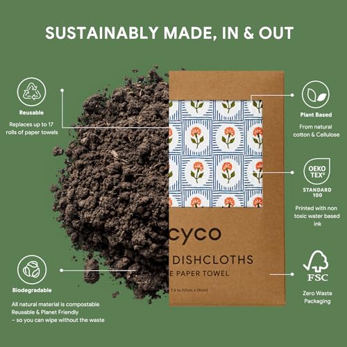 RECYCO Swedish Dishcloths for Kitchen | 6 Packs Bloom Tiles Washable Dish Rags | Cellulose Reusable Cleaning Paper Towels | Absorbent Counter Dish Cloth Sponge Kitchen Wipes, 8" L x 7" W - color: Bloom Tiles - 6 Pack