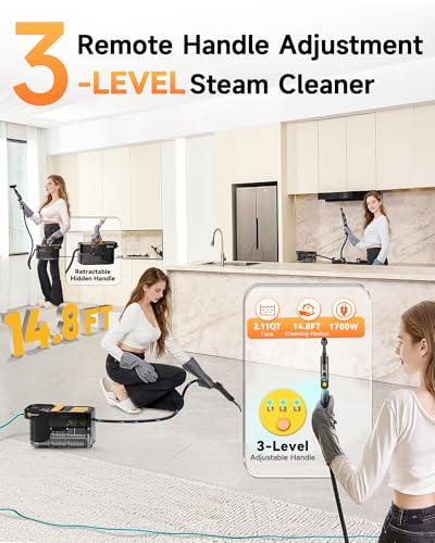 Gautye Steam Cleaner, 3 Level Adjustable Handle with 18 Accessories, Black | 10s Heat Up, 2.11 Quarts Tank, Handle Steam Cleaner for Home, Steamer for Cleaning for Kitchen, Grout, Dirt, Tile, Floor, Car
