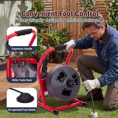 50FT x 5/16 Inch Drain Cleaner Machine, Electric Drain Auger for 3/4"-3" Pipes, Sewer Snake Auger with 4 Cutters & Pneumatic Foot Switch - style: 50FT x 5/16inch