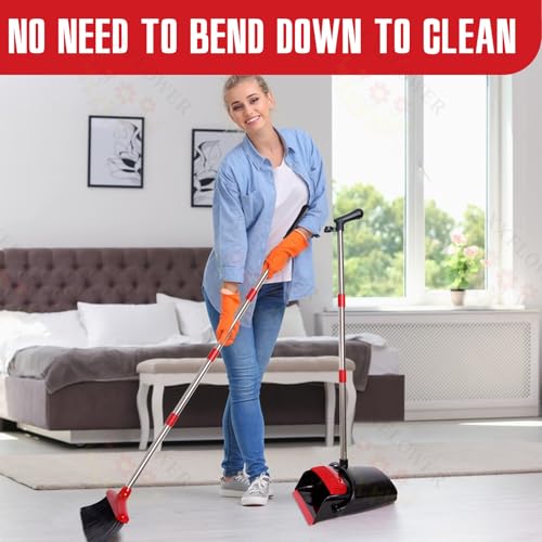 Broom and Dustpan Set with Long Handle, Light Weight Stainless Steel Poles Stand Upright Dustpans with Broom Combo for Home Kitchen Office Pet Dog Hair, Black & Red Color, 1-Pack - color: Red Black