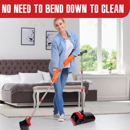 Broom and Dustpan Set with Long Handle, Light Weight Stainless Steel Poles Stand Upright Dustpans with Broom Combo for Home Kitchen Office Pet Dog Hair, Black & Red Color, 1-Pack - color: Red Black
