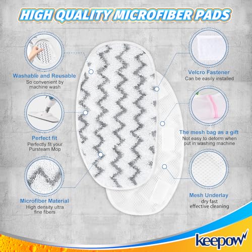 KEEPOW 4 Pack Heavy-Duty Steam Mop Pads Compatible with PurSteam ThermaPro 10-in-1, Extra Thick Microfiber Replacement Pads for Deep Floor Cleaning & Sanitizing (ThermaPro 211) - color: White-4 Pack