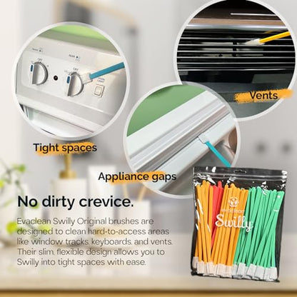 Evaclean Swilly Original Disposable Crevice Brushes - 100 Pack - Versatile Cleaning Tool for Tight Spaces, Window Tracks, Keyboards, Car Vents, and Household Use (Green) - color: Green