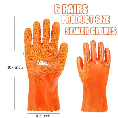 6 Pairs Sewer Gloves PVC Coated Non-Slip Oil & Chemical Resistant | 6 Pairs PVC Coated Sewer Gloves, Abrasion Resistant, Non-Slip Grip, Oil & Chemical Resistant for Drain Cleaning & Plumbing. - color: 6 Pairs Orange