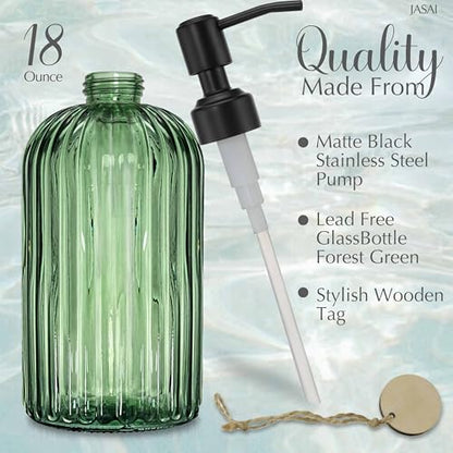 JASAI 18Oz Green Glass Soap Dispenser with Black Rust Proof Pump, Refillable Bathroom soap Dispenser with Thick Glass, Soap Dispenser Bathroom for Kitchen Dish soap, Hand Soap, Lotion, Body Wash. - color: Forest Green (Black Pump)
