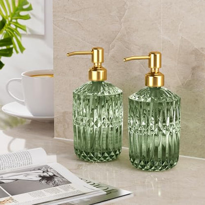AmazerBath Soap Dispenser, 2 Pack Green Glass Soap Dispenser with Pump Stainless Steel, 14.2OZ Luxury Gold Hand Soap Bottles Bathroom Kitchen - color: Green & Gold - 2 Pack