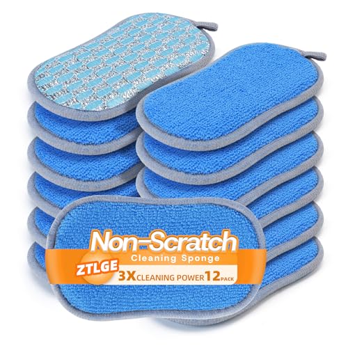 Multi-Purpose Scrub Sponges Kitchen – 12 Pack Dish Sponge, Dual-Sided Non-Scratch Microfiber & Metal Scrubber, Reusable Sponges for Dishes, Pots, Glass, Sink, Stovetop & Bathroom (Blue) - color: Blue